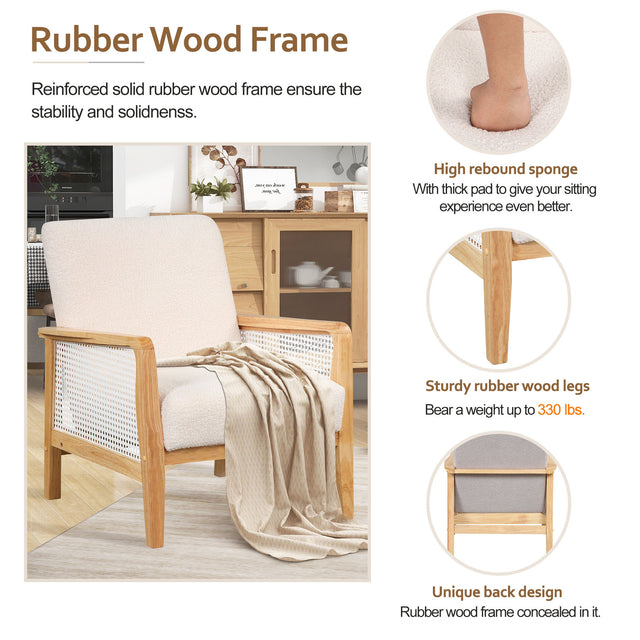 【EAT 3.10】Mid-Century Armchair Rattan Mesh Upholstered Accent Chair,Teddy Short Plush Particle Velvet Armchair for Living Room,Bedroom, Office, Studio,White