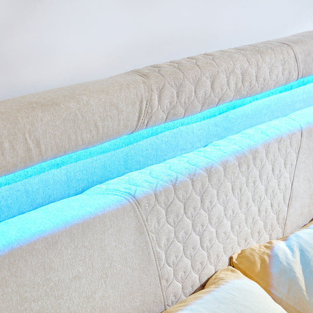 King Size Bed Frame, Modern Upholstered Platform Bed Frame with LED Lights and Height Adjustable Headboard, No Box Spring Needed/Easy Assembly/Pack in 1-Box/Noise-Free (Off white, King)