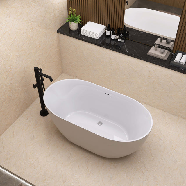67" Acrylic Free Standing Tub - Classic Oval Shape Soaking Tub, Adjustable Freestanding Bathtub with Integrated Slotted Overflow and Chrome Pop-up Drain Anti-clogging Gloss White