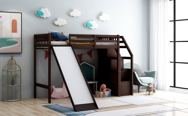 Twin Size Loft Bed with Storage and Slide, Espresso