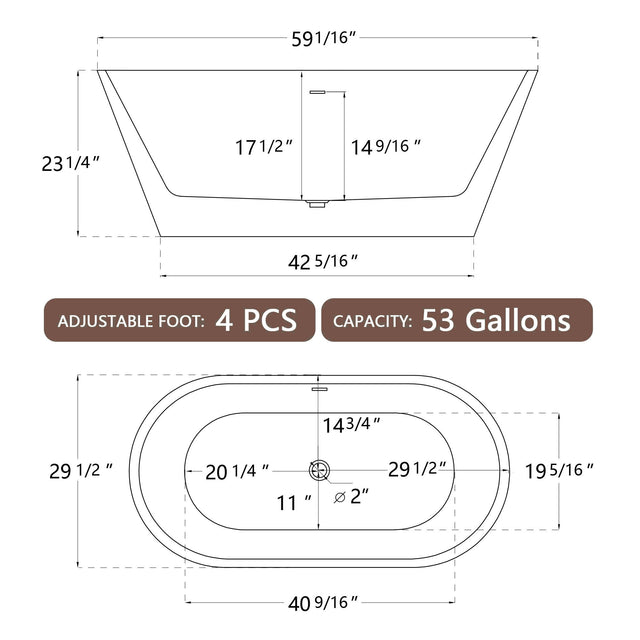 59" Acrylic Free Standing Tub - Classic Oval Shape Soaking Tub, Adjustable Freestanding Bathtub with Integrated Slotted Overflow and Chrome Pop-up Drain Anti-clogging Gloss Black