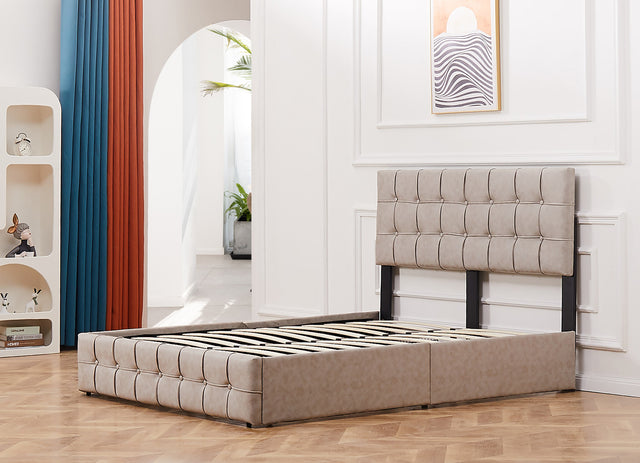 Upholstered Storage Bed Frame with 4 Drawers and Adjustable Headboard, Square Stitched Button Tech cloth, Platform Beds Frame with Wood Slat Support, No Box Spring Needed, Queen Size, Beige