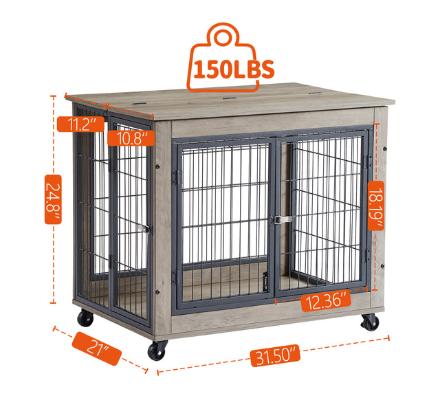 Furniture Style Dog Crate Side Table on Wheels with Double Doors and Lift Top. (Grey,31.50’’W*22.05’’D*25’’H)