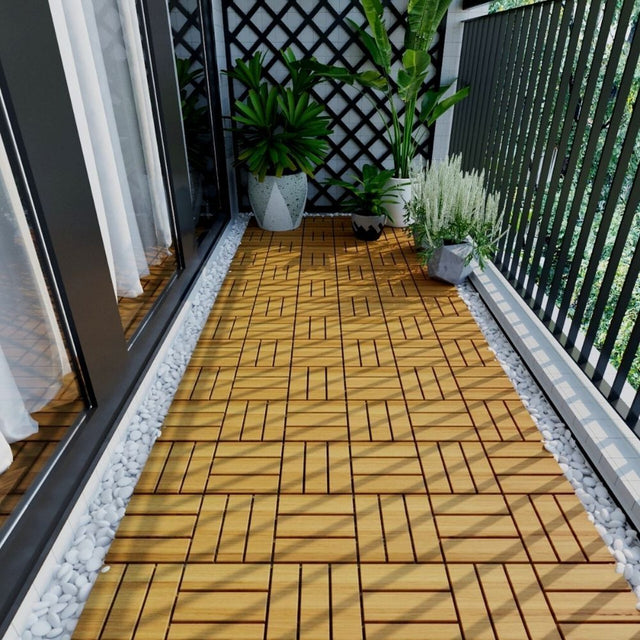 12" x 12" Square Teak Wood Interlocking Flooring Tiles Checker Pattern Pack of 10 Tiles