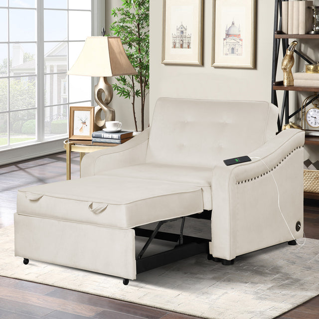 50.6" Convertible Sleeper Bed, Adjustable Sofa Couch with Dual USB Ports for Living Room Space,Cream White