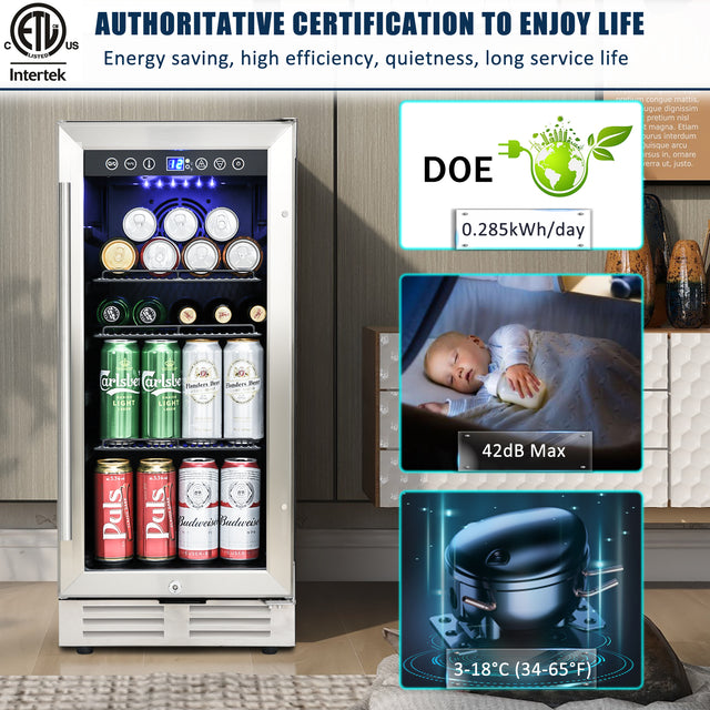 Built-in and Freestanding 15" Mini Beverage Refrigerator/Wine Cabinet, 120 Cans, 34-65°F, Quiet, Adjustable Shelves, LED Lighting, ETL , Touch Controls, Defrost, Double Glass Door, Kitchen/Bar /office