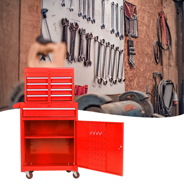Detachable 5 Drawer Tool Chest with Bottom Cabinet and one Adjustable Shelf--Red