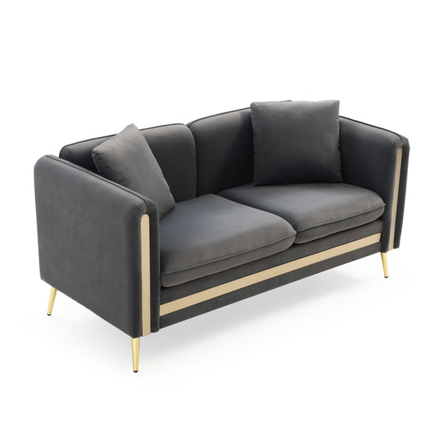 59” Modern Upholstered Velvet Loveseat Sofa 2 Seater Couch with Removable Cushions Side Pocket Mid-Century Tufted Living Room Set Gold Metal Legs,2 Pillows Included,Grey
