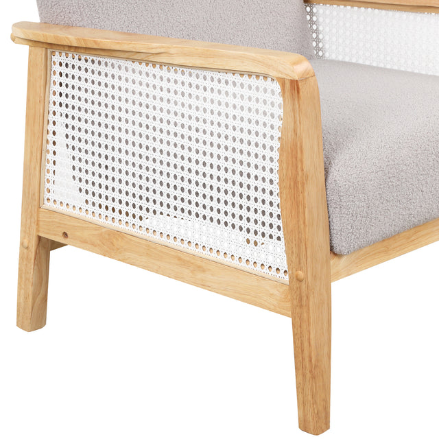 【EAT 3.10】Mid-Century Armchair Rattan Mesh Upholstered Accent Chair,Teddy Short Plush Particle Velvet Armchair for Living Room,Bedroom, Office, Studio,Grey