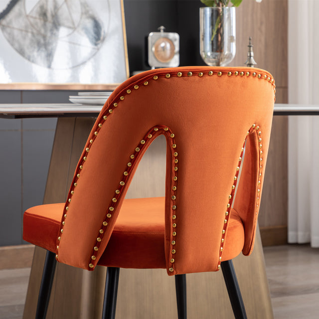 A&A Furniture,Akoya Collection Modern | Contemporary Velvet Upholstered Dining Chair with Nailheads and Gold Tipped Black Metal Legs, Orange,Set of 2