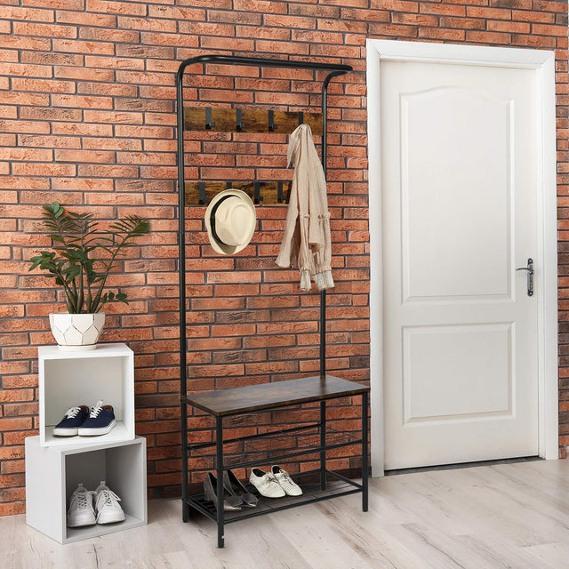 Hall Tree Coat Rack Shoe Bench with Hooks, 3-in1 Hall Tree Coat Shoe Rack Stand, 3-Tier Shoe Bench with Coat Hat Rack for Entryway Hall Foyer Mudroom Bedroom, Easy Assembly, Rustic Brown