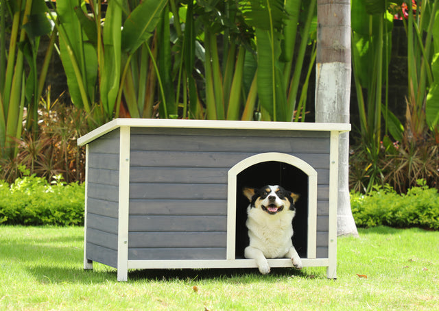 Outdoor Wooden Dog House with Hinges,Raised Feet,Openable Asphalt Roof&Removable Floor