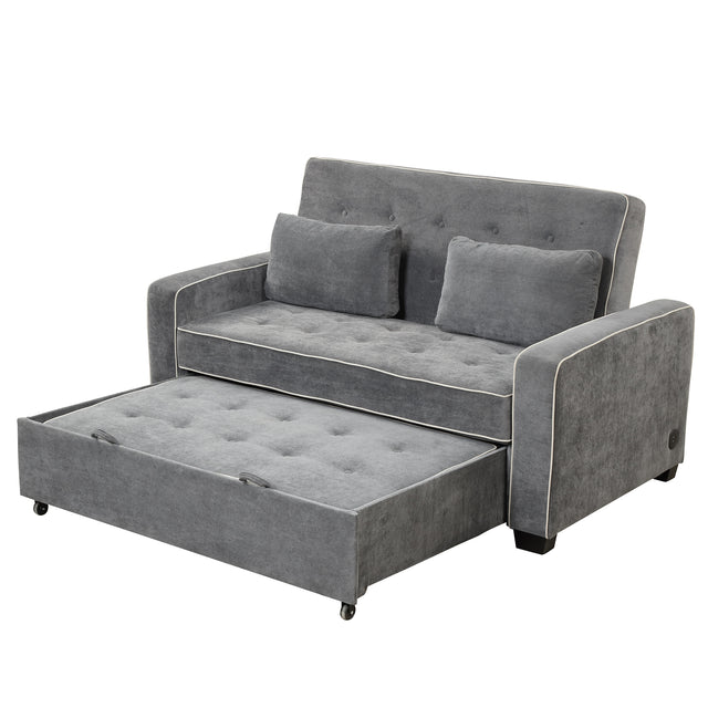 65.7" Linen Upholstered Sleeper , Pull Out Sofa Couch attached two throw pillows,Dual USB Charging Port and Adjustable Backrest for Living Room Space,Charcoal Gray