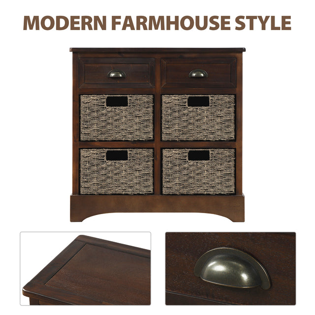 TREXM Rustic Storage Cabinet with Two Drawers and Four Classic Rattan Basket for Dining Room/Living Room (Espresso)