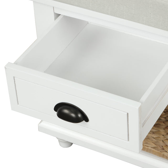 TREXM Rustic Storage Bench with 3 Drawers and 3 Rattan Baskets, Shoe Bench for Living Room, Entryway (White)