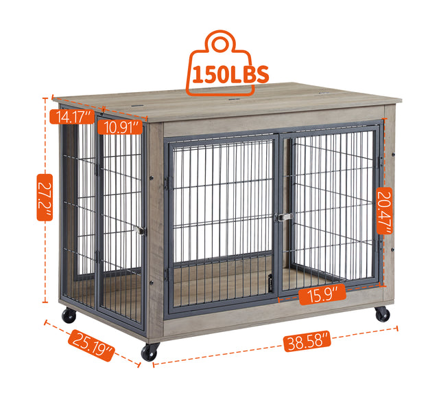 Furniture Style Dog Crate Side Table on Wheels with Double Doors and Lift Top.(Grey,38.58’’w x 25.5’’d x 27.36’’h)