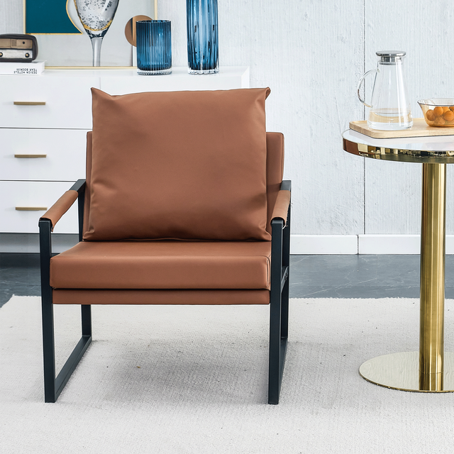 PU Leather Accent Arm Chair Mid Century Modern Upholstered Armchair with Metal Frame Extra-Thick Padded Backrest and Seat Cushion Sofa Chairs for Living Room ( Brown PU Leather + Metal Frame + Foam)