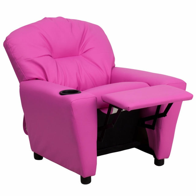 Contemporary Hot Pink Vinyl Kids Recliner with Cup Holder