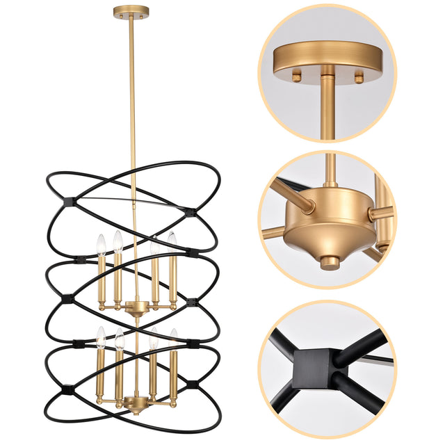 【Video】Transitional Gold/Matte Black Metal Chandelier Fixture,8 lights ,2-Tier-Candle Ceiling Light for Living Room, Bedroom, Dining Room,Dimmable,E12,W23.6*H55