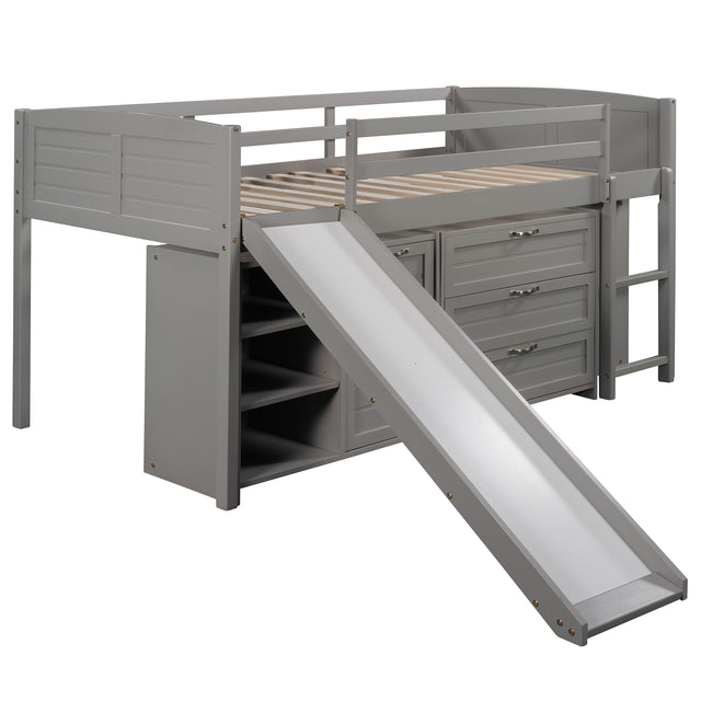 Low Twin Size Loft Bed with Cabinets, Shelves and Slide - Gray(OLD SKU :LP000503AAE)