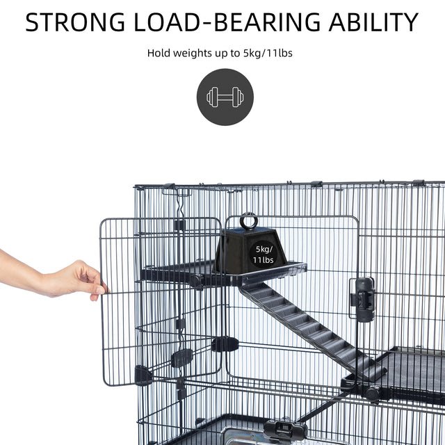4-Tier 32"Small Animal Metal Cage Height Adjustable with Lockable Casters Grilles Pull-out Tray for Rabbit Chinchilla Ferret Bunny Guinea Pig Squirrel Hedgehog(BLACK)(=OLD SKU:W69133214)