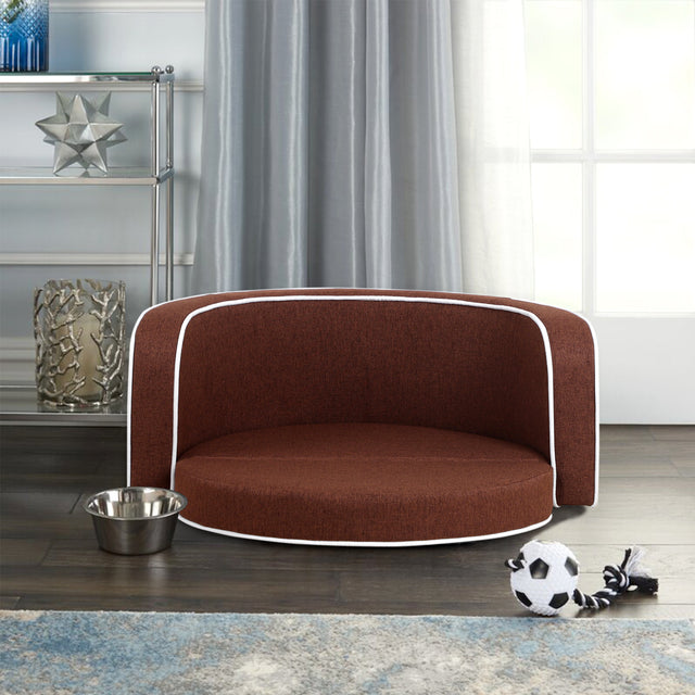 30" Brown Round Pet Sofa, Dog sofa, Dog bed, Cat Bed, Cat Sofa, with Wooden Structure and Linen Goods White Roller Lines on the Edges Curved Appearance pet Sofa with Cushion