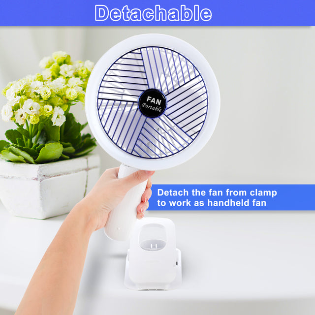 Clip on Fan with LED Lamp, Rechargeable Desk Fan, 4 Speed 360°Rotating Detachable Clamp Fan, Battery Powered USB Camping Fan Portable for Cart RV Car Travel Camping Tent Workout Treadmill Bed Desk