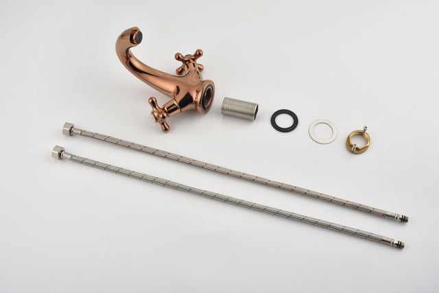 Rose Gold Bathroom Sink Faucet 2 Single Hole Vanity Vessel Sink Basin Cold and Hot Water Deck Mounted