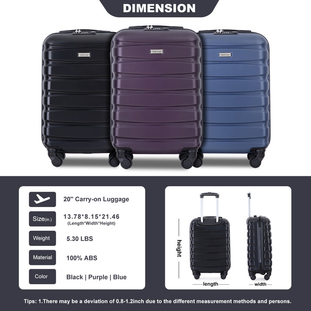 20" Carry on Luggage ABS Lightweight Suitcase, Spinner Wheels, TSA Lock, Black