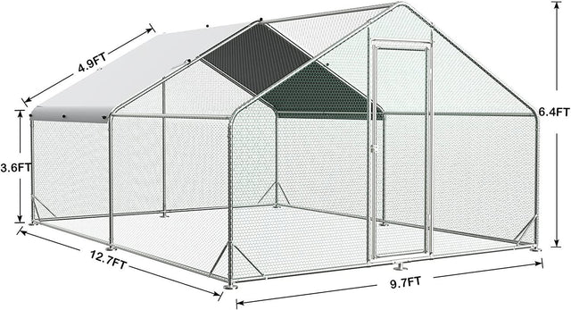 Large Metal Chicken Coop Walk-in Poultry Cage Hen Run House Rabbits Habitat Cage Spire Shaped Coop with Waterproof and Anti-Ultraviolet Cover (10' L x 13' W x 6.4' H)