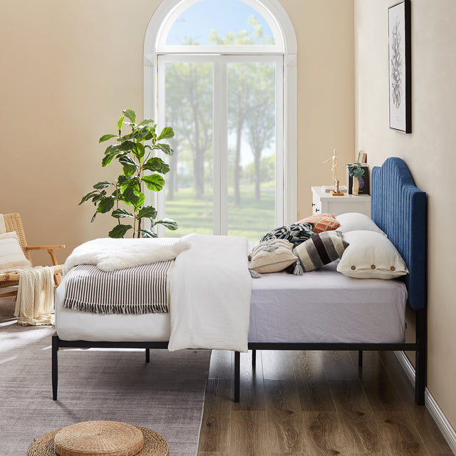 B111 Queen bed Beautiful line stripe cushion headboard  Strong iron frame with high temperature paint