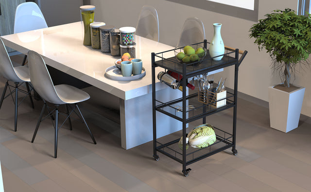 3 Tier Metal Mesh Rolling Storage Cart, Mesh Storage Pantry Cart with Lockable Wheels Wood Look Top and Metal Frame,Rolling Utility Cart for Kitchen Bathroom, Office, Library, Coffee Bar