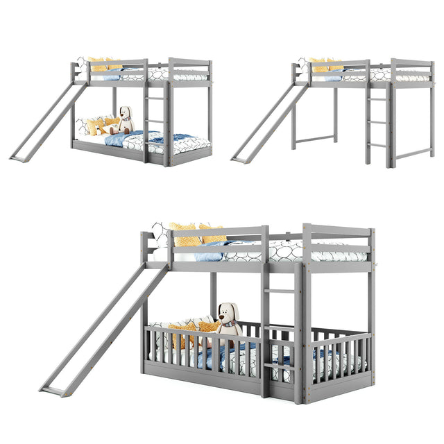 Twin Over Twin Bunk Bed with Slide and Ladder, Gray(Old SKU:LP000009AAE)