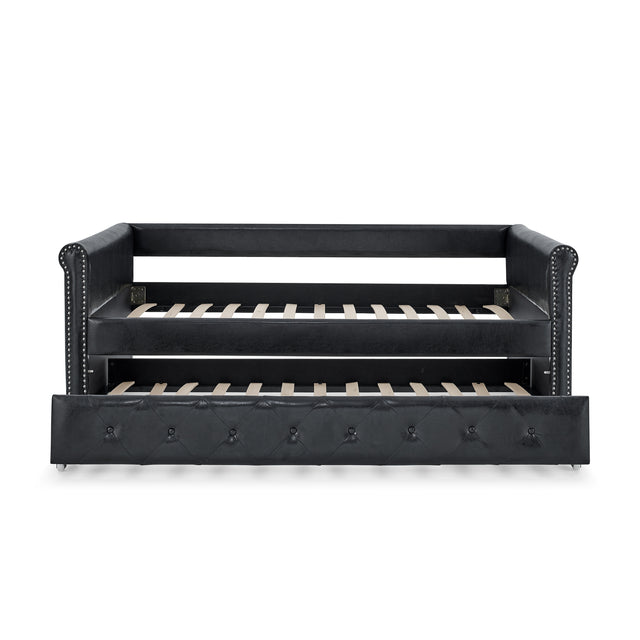 Daybed with Trundle Upholstered Tufted Sofa Bed, with Button and Copper Nail on Arms,both Twin Size, PU Black(85.5“x42”x30.5“)