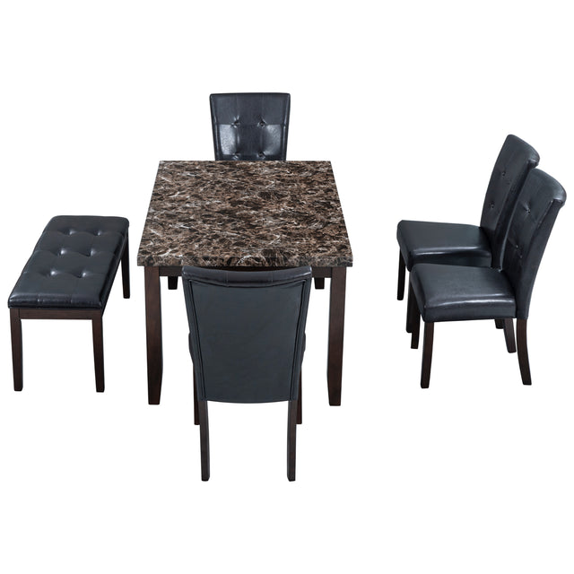 6-piece Faux Marble Dining Table Set with one Faux Marble Dining Table ,4 Chairs and 1 Bench, Table: 60”x38”x 30”,Chair: 20.2”x28.5”x39”, Black