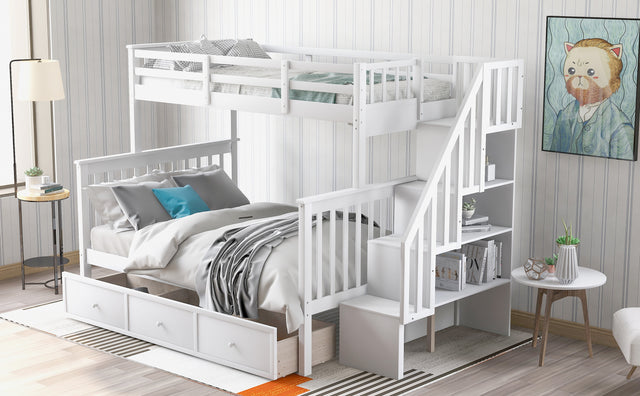 Stairway Twin-Over-Full Bunk Bed with Drawer, Storage and Guard Rail for Bedroom, Dorm, for Adults, White color(OLD SKU :LP000219AAK)