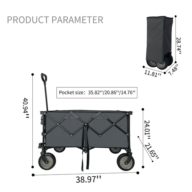 Collapsible Folding Wagon, Push Pull Foldable Beach Wagon Cart