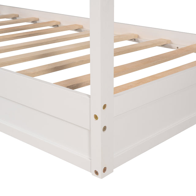 Wood House Bed Twin Size, 2 Twin Solid Bed L structure with fence and slatted frame (White)