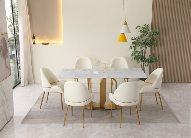 71" Contemporary Dining Table in Gold with Sintered Stone Top and U shape Pedestal Base in Gold finish with 6 pcs Chairs .