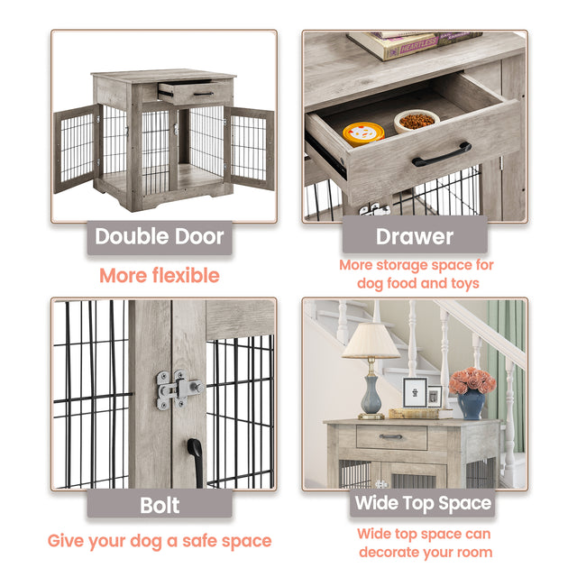 Furniture Style Dog Crate End Table with Drawer, Pet Kennels with Double Doors, Dog House Indoor Use, Grey, 29.9'' W x 24.8'' D x 30.71'' H.