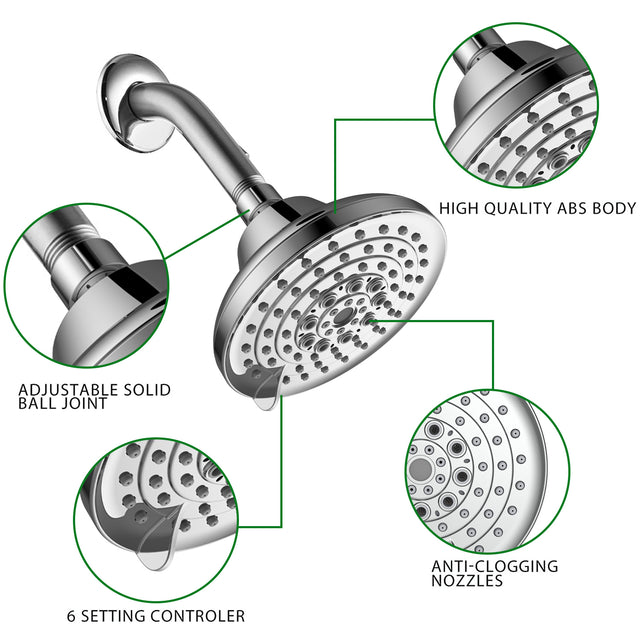 6 Spray Settings High Pressure Shower Head 5" Rain Fixed Showerhead - Chrome Adjustable Shower Head with Anti-Clogging Nozzles, Low Flow Easily Installation