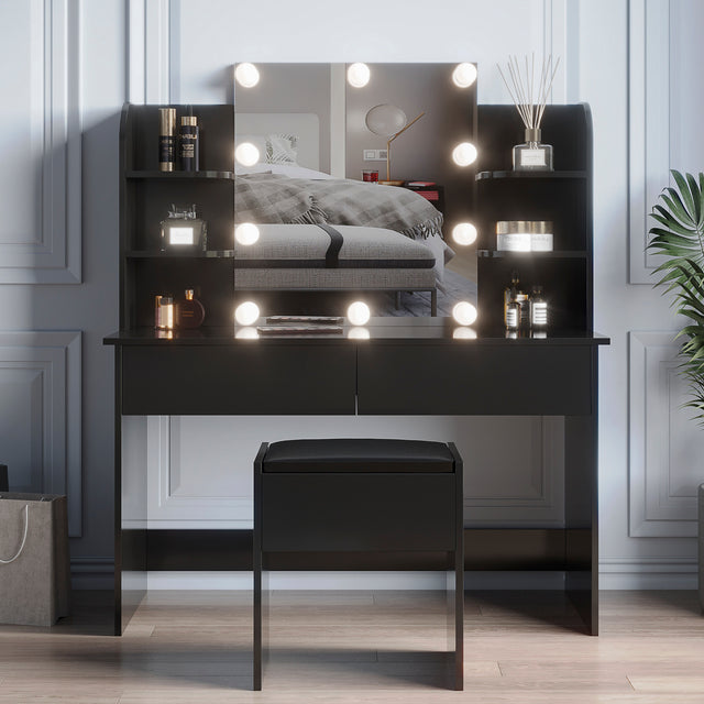 Modern Dressing table with 2 Drawers, 4 open shelves,Rectangular Makeup Table with Mirror, 10-lamp bulb,,42.52*15.75* 52.76inch,for Bedroom, Black