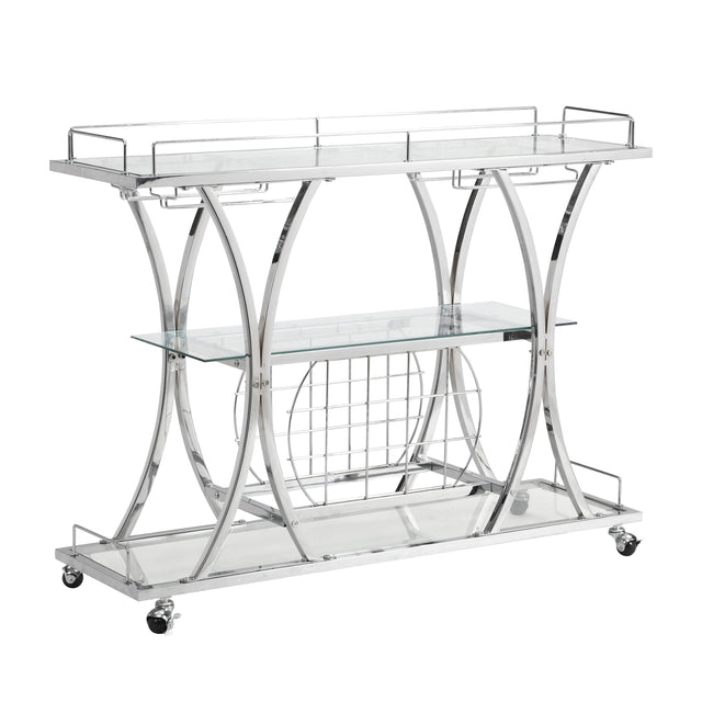 Contemporary Chrome Bar Cart with Wine Rack Silver Modern Glass Metal Frame Wine Storage