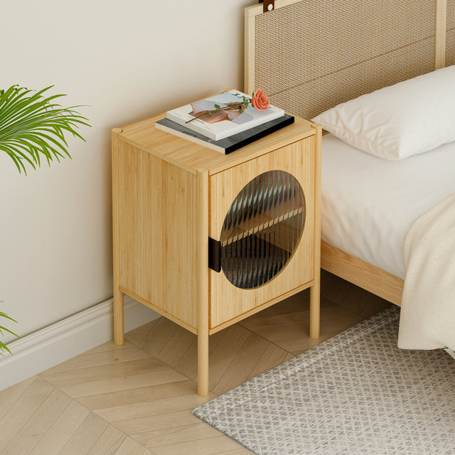 1 Door nightstand,Bamboo Mid Century Modern Nightstand,Bedside Table Accent End Table Side Table for Bedroom, Living Room, Natural