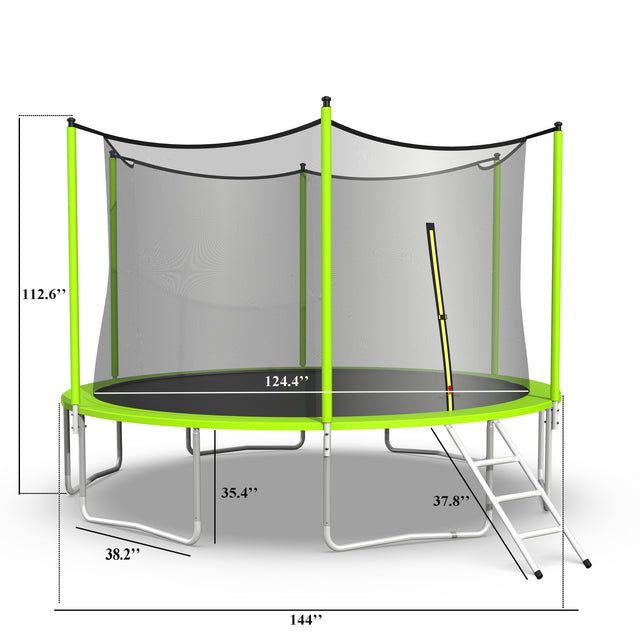 12FT Trampoline with Safety Enclosure Net,Outdoor Fitness Trampoline PVC Spring Cover Padding Exercise Trampoline,Green