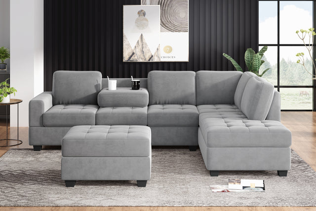 Orisfur. Modern Sectional Sofa with Reversible Chaise, L Shaped Couch Set with Storage Ottoman and Two Cup Holders for Living Room