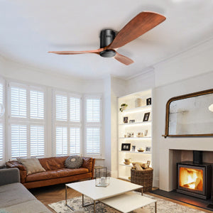Low Profile Ceiling Fan DC 3 Carved Wood Fan Blade Noiseless Reversible Motor Remote Control Without Light