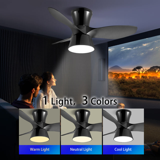 32 Inch Black Flush Mount Ceiling Fan with Light