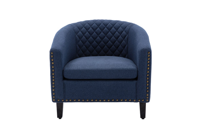 COOLMORE accent Barrel chair living room chair with nailheads and solid wood legs Black Navy Linen