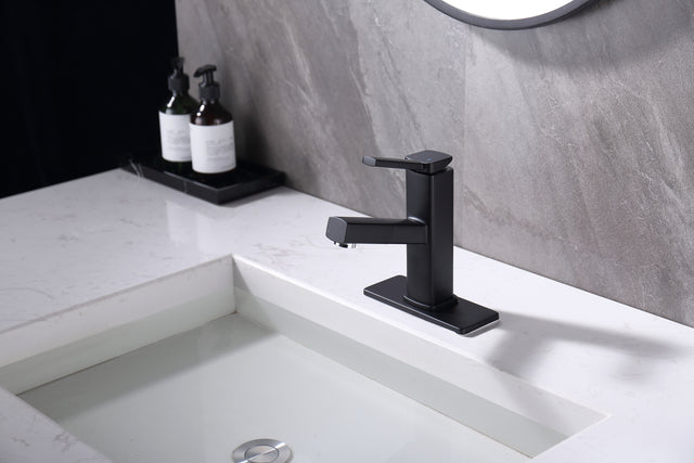 Bathroom Sink Faucet with Pull Out Sprayer, Single Handle Basin Mixer Tap for Hot and Cold Water, Lavatory Pull Down Vessel Sink Faucet with Rotating Spout